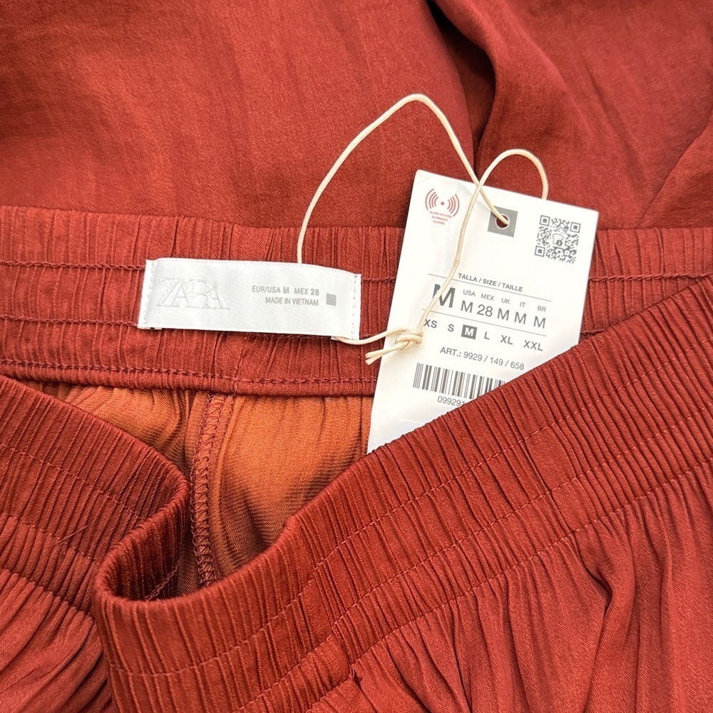 Zara Terracotta Orange Flowy Wide Leg Silky Satin Stretchy Pants Size Medium - Picture 6 of 10